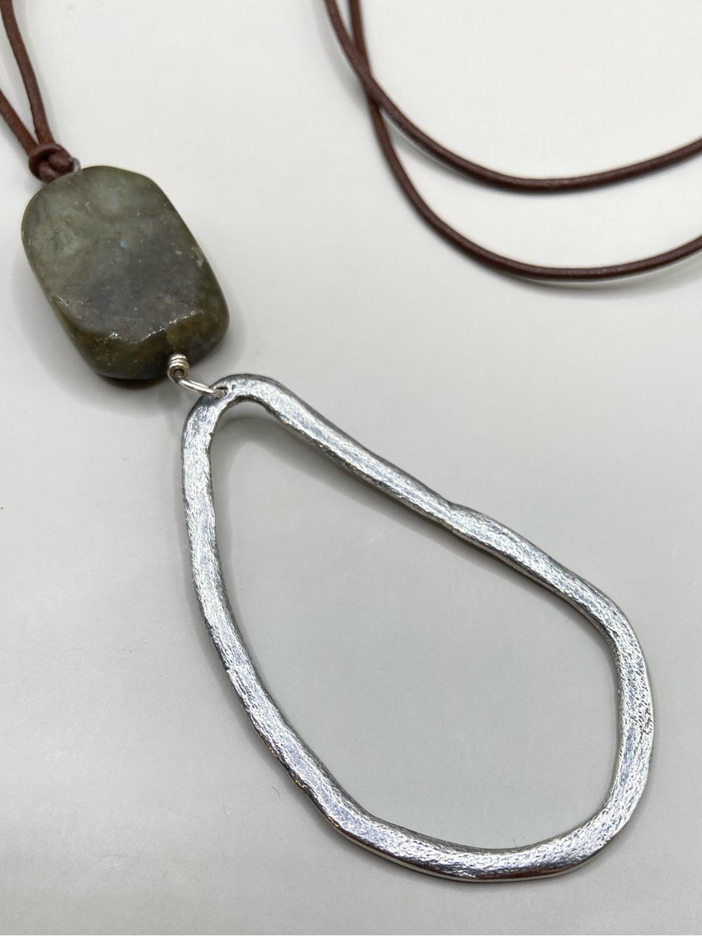 Silpada Brown Leather Necklace with Green Stone and Silver Teardrop Pendant - Picture 3 of 10